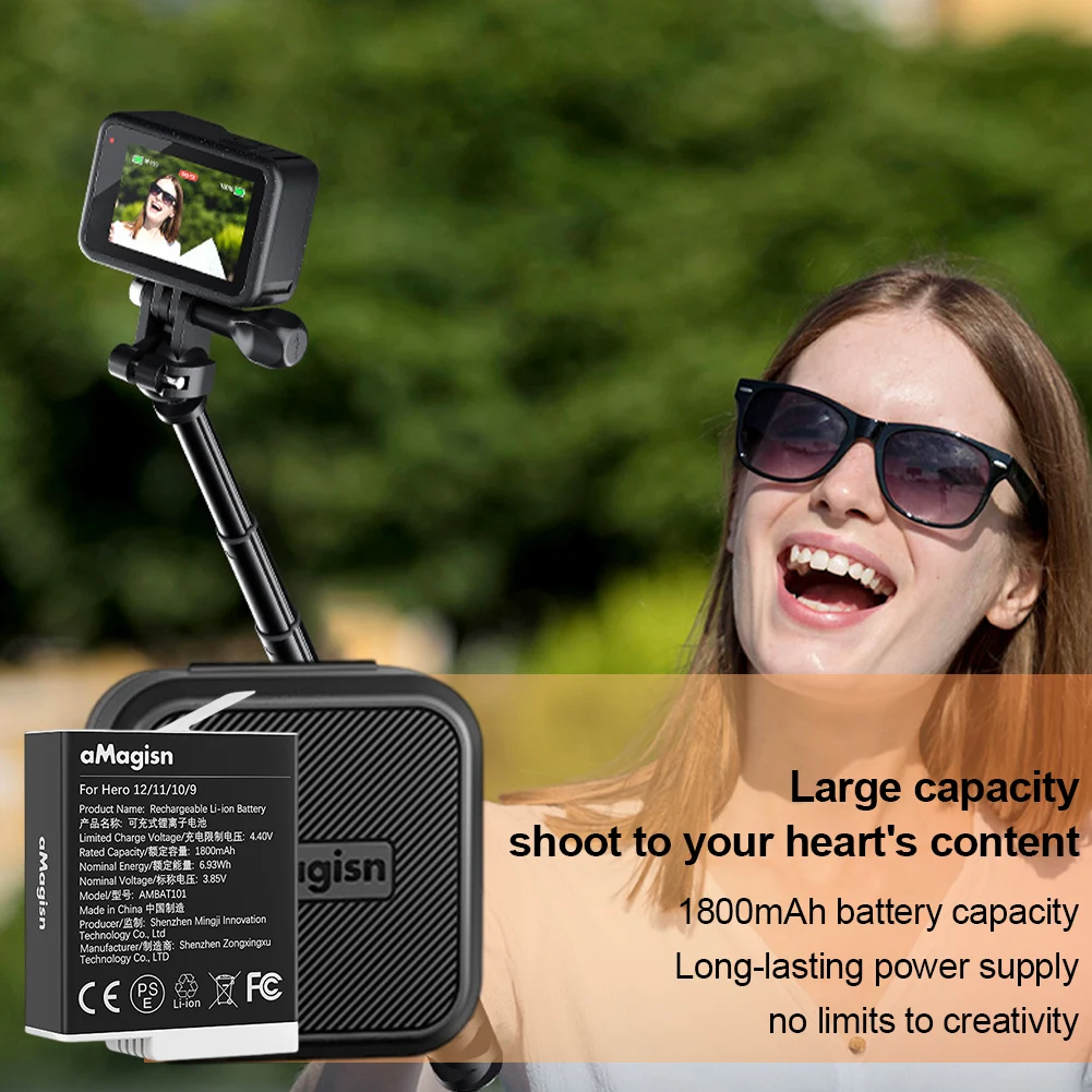 完全にデコードされたカメラバッテリー充電器、交換用リチウムイオン電池、GoPro Hero 12、11、10、9、1800mahに適合