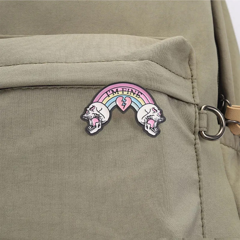 Emotional Support Skelett Emaille-Abzeichen-Set Rosa Regenbogen „Im Fine“ Meme-Pin Legierungs-Broschen Revers-Rucksack-Schmuck Geschenke – Detail 3