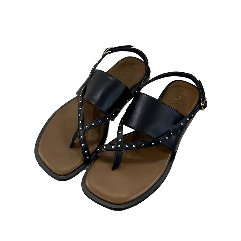 

Black Flat Sandals For Woman Thong Beach Shoes Rivet Belt Buckle SlingBack Flats Brown Summer Shoes Leisure Ladies Sandals