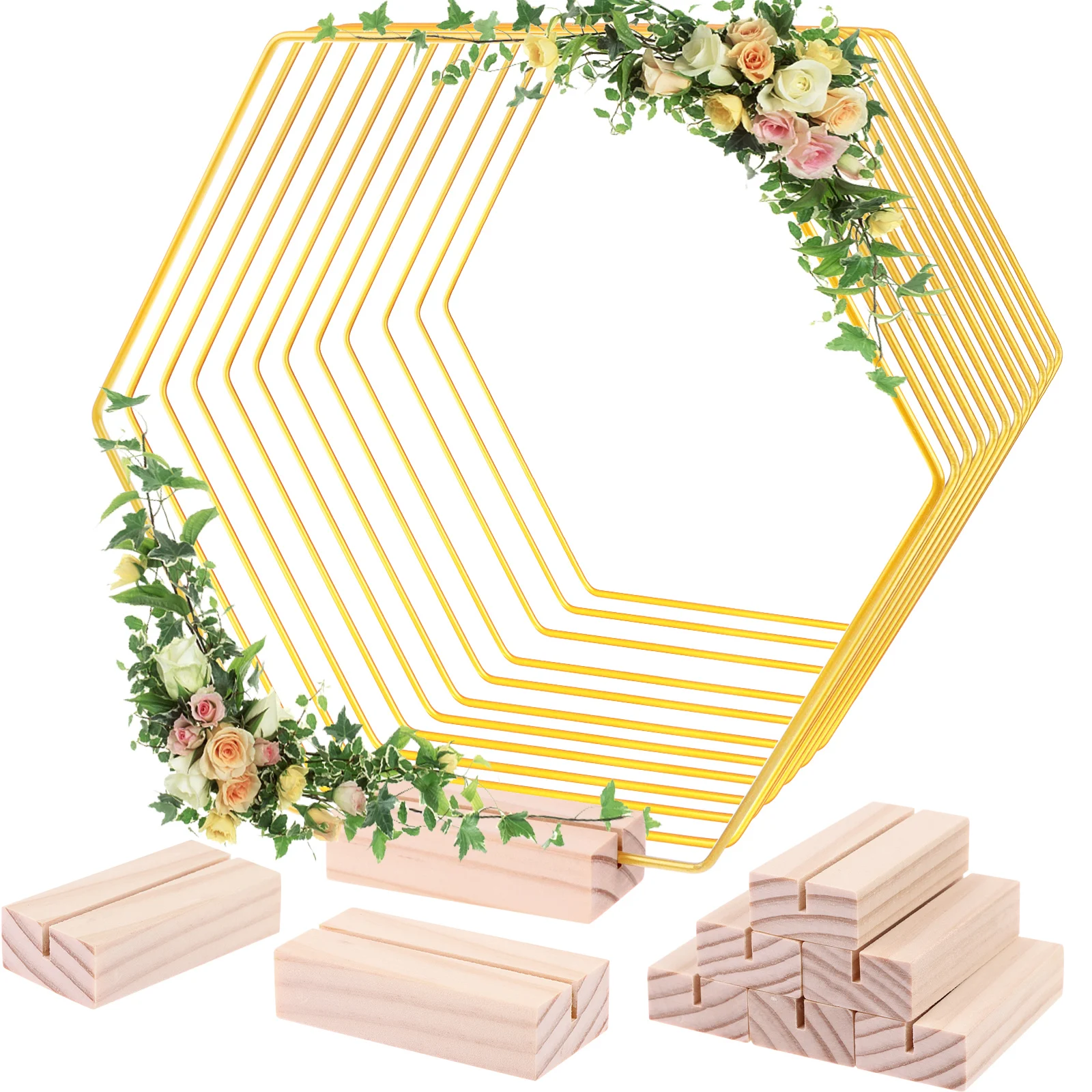 

12 Pack 12 Inch Hexagonal Metal Floral Hoop Centerpiece And 12 Pieces Wooden Stands For Table, Gold Metal Rings For Making Weddi