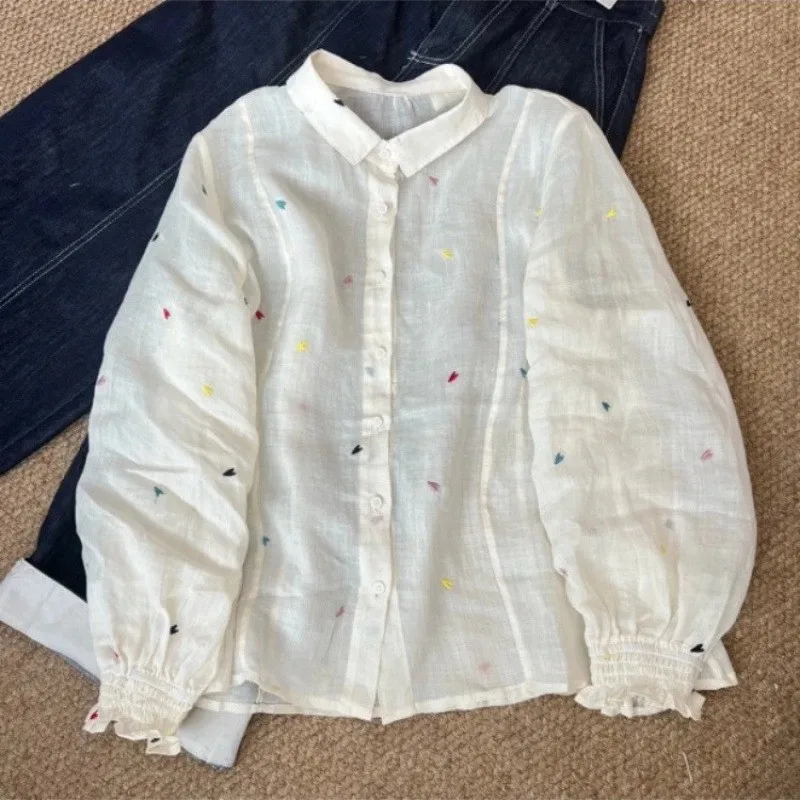 

Korean Sle Slimming Embroidered Heart aped Women's irt Summer New Faion Versatile Design Long Sve Collar Top