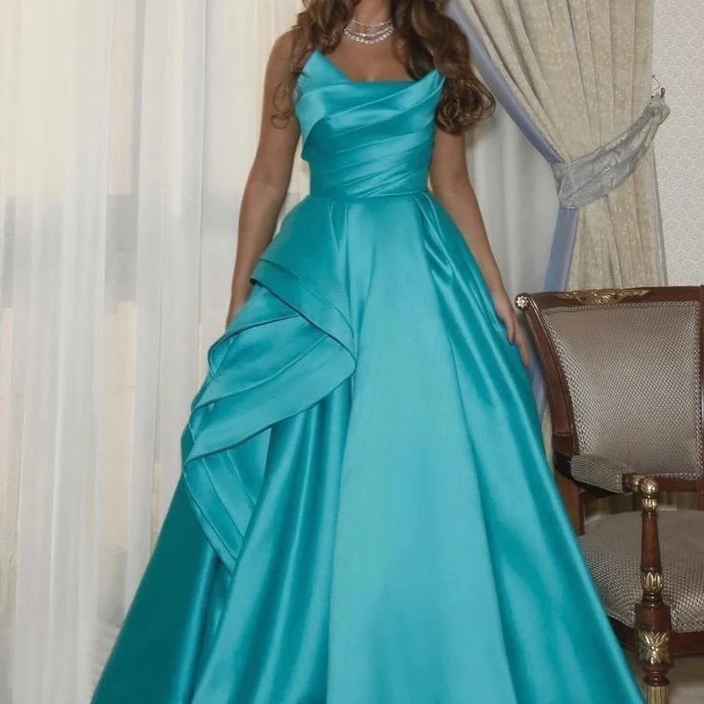 

Formal and Classic A-Line Strapless Solid Blue Color Satin Evening Dresses Sweep Train Floor Length Pleats 2024 Celebrity Gowns