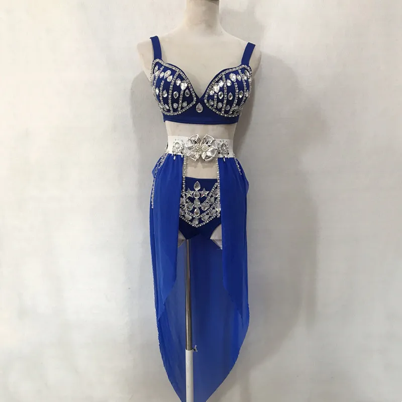 Sexy Nightclub Bar DJ Pole Dance Costume Pink Purple Crystal Bikini Mesh Trailing Party Show Rave Outfit Belly Dance Stage Wear