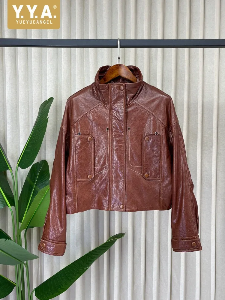 Fashion Women Loose Genuine Leather Short Jacket Work Ladies Retro Cowhide Jackets Stand Collar Zipper Sheepskin Motorcycle Coat