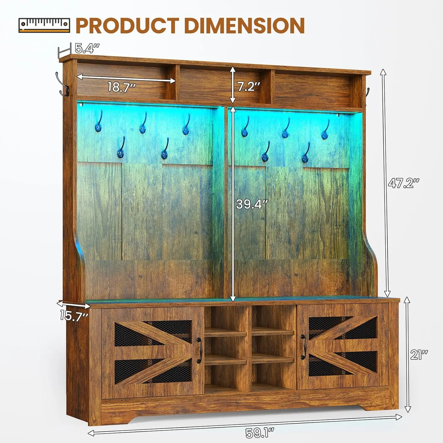 مقعد المدخل مع رف المعاطف، 16 حجرة للأحذية، 12 خطافًا، رف قابل للتعديل، بني ريفي #2