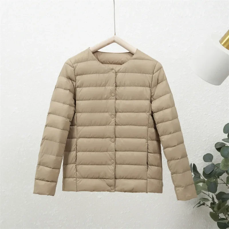 Lightweight White Duck down Jacket Women's round Neck Short Coat Warm Simple Fashion Outerwear Thin Winter Clothes New Style