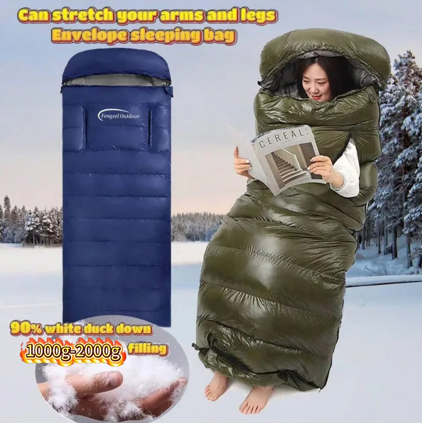 

Envelope sleeping bag, 90% white duck down 1000g filling, cold protection and warmth, outdoor camping, can stretch your arms and