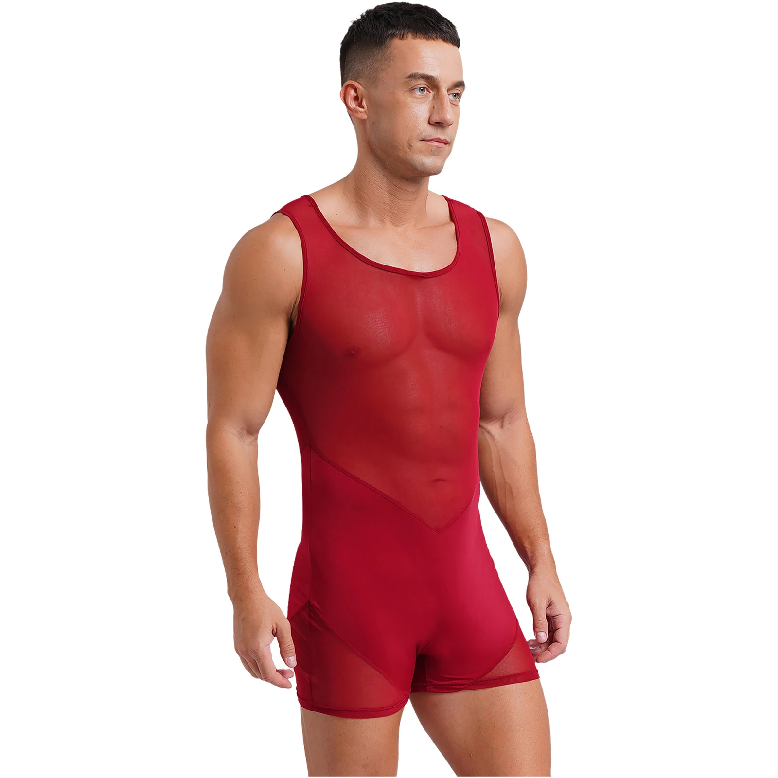 Mens Sheer Mesh Splice One Piece Boyleg Biketard Wrestling Shorty Jumpsuits Gym Workout Fitness Athletic Bodysuits Underwear