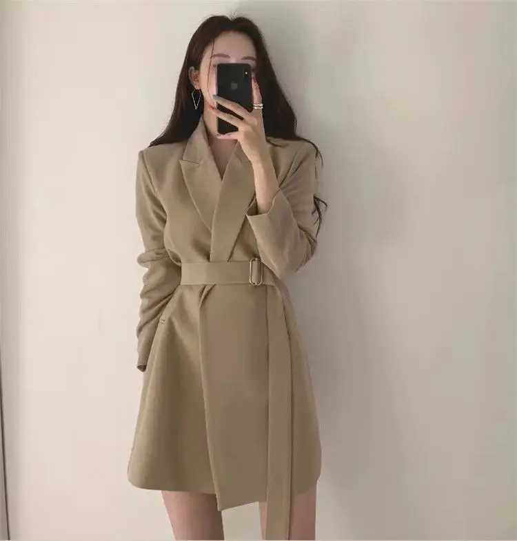 Mid-Length Chic Blazer Jacket Women's Outwear Vintage Belt Korean Style Casual Y2k Blazer Coat 2025 Spring Autumn Blazer Tops