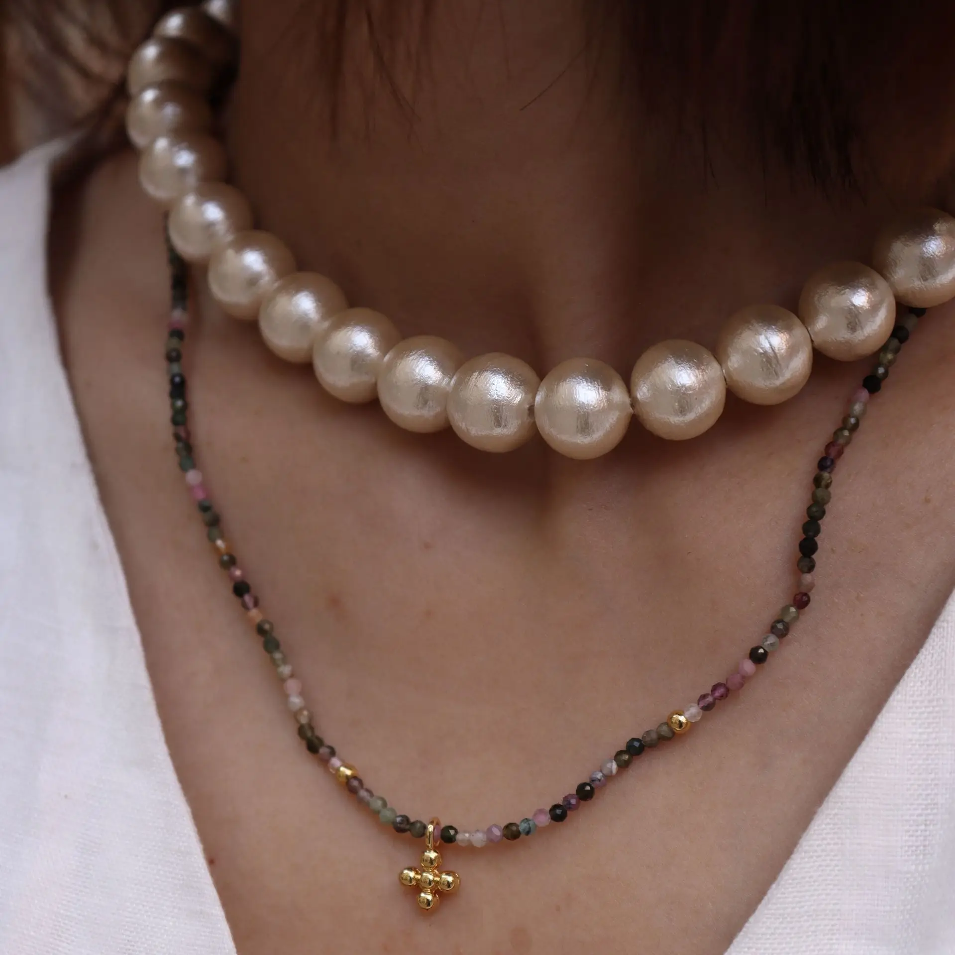 Cotton Pearl Opening Collar Retro French Elegant Sweater Chain Necklace for Women