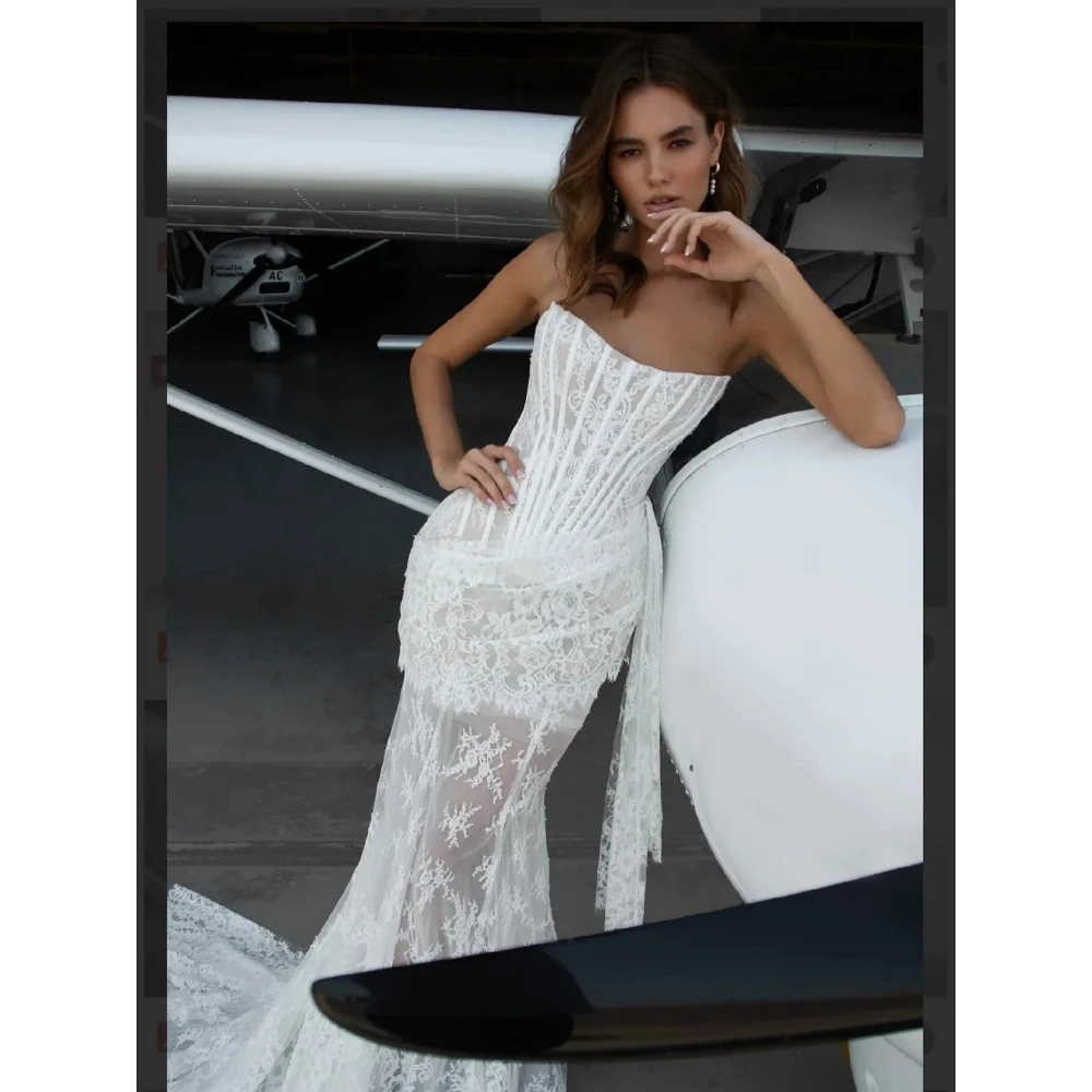 فستان زفاف دانتيل أنيق مخصص بدون حمالات غمد قابل للانفصال فستان زفاف مثير بدون ظهر مشد طويل فساتين حفلة موسيقية #3