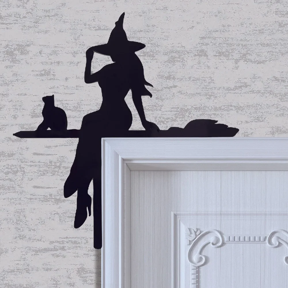 Halloween-Eckschild aus Acryl mit schwarzer Katze und Hexe, gruselige Türdekoration für den Innen- und Außenbereich