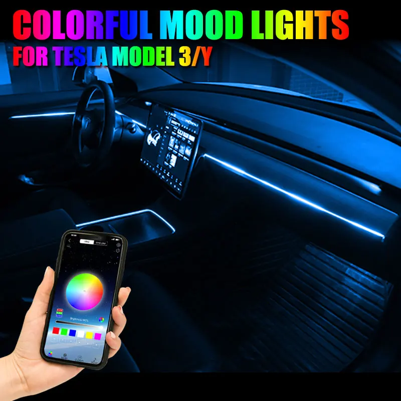 1/2/3/5/6/8IN1 Car Ambient Lights 64Color RGB guide fiber optic atmosphere acrylic Interior Decorative Lamp For Tesla Model3/Y/S