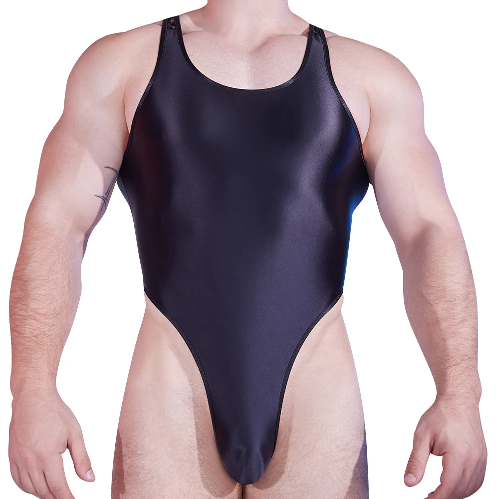 Microfiber Lace Patchwork Glossy Bodysuit Fashion One Piece Swimwear High Elastic Smooth Jumpsuit Skin-Friendly Man's All-in Out