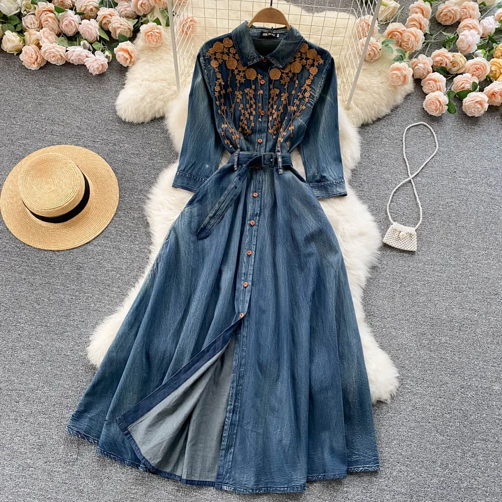 Cotton Denim Long Dress for Women Ethnic Floral Embroidery Lapel Long Sleeve Dresses Boho A-line Casual Summer Ladies Vestidos