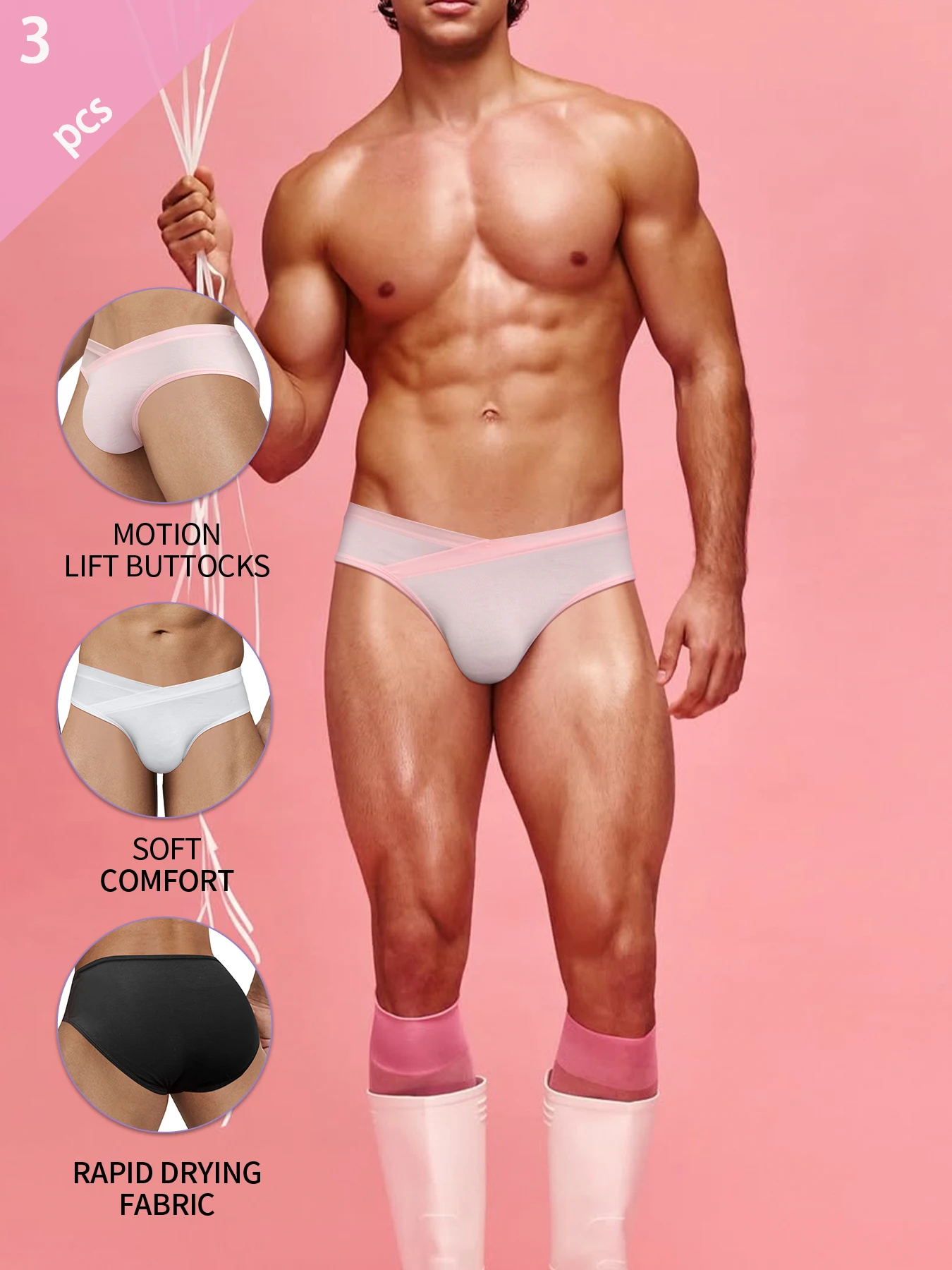 

3pcs Men's Sexy Briefs Cross V Waistband Underwear For Men Ultra-thin Ice Silk Underpants Fitness Comfortable U-convex Panties