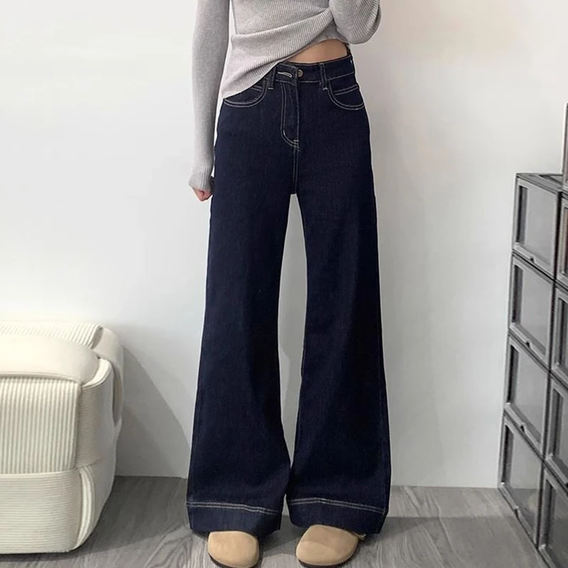 Girls Dark Blue High Waist Loose Jeans Hot Sale Women Retro Fashion Straight Leg Trousers Female Solid Leisure Denim Pants