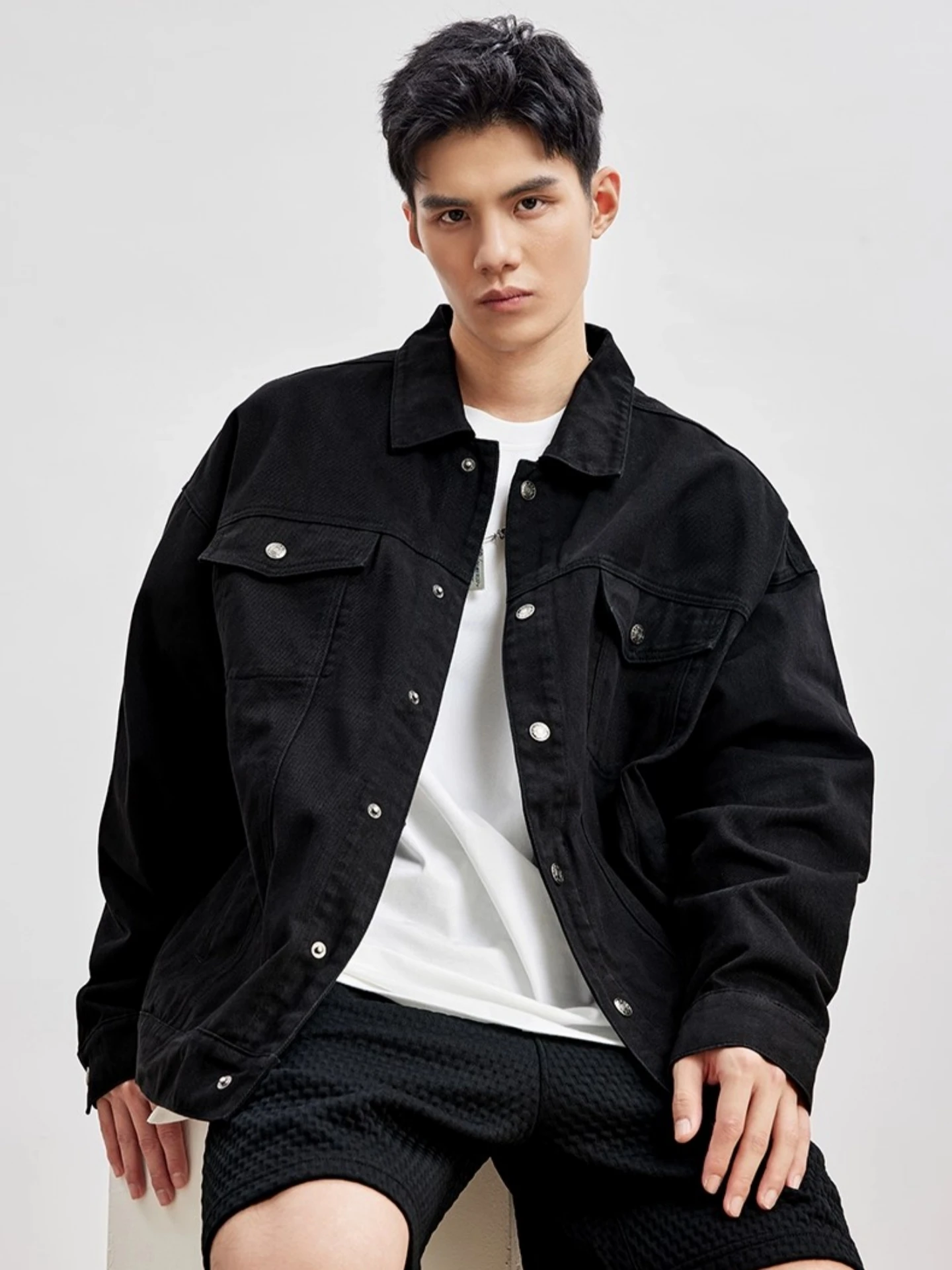 

Retro American Casual Cotton Jaet for Men Loose Fit Simple Bla Pure Cotton Collar Workwear Jaet Youth Wear Autumn New S...