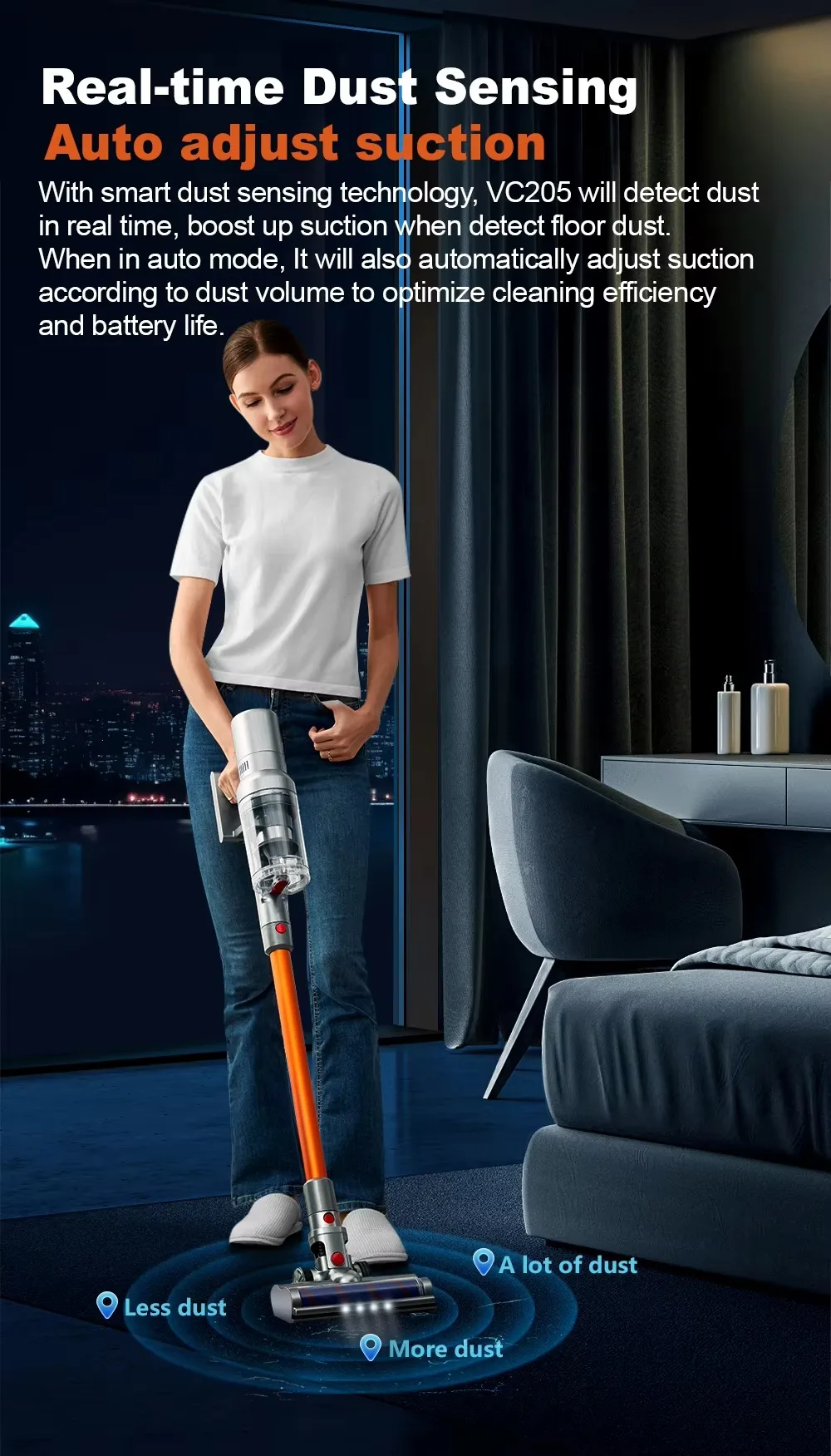 VC205 Cordless Handheld Vacuum Cleaner,25000PA,Touch Screen,Smart Dust Sensor,Auto Speed Control For Home Bed Carpet Clean