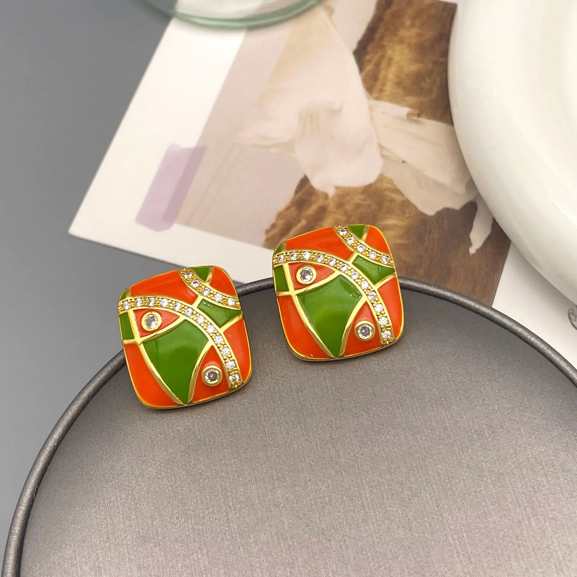 

European and American new painted enamel glaze geometric simple zirconium stud earrings