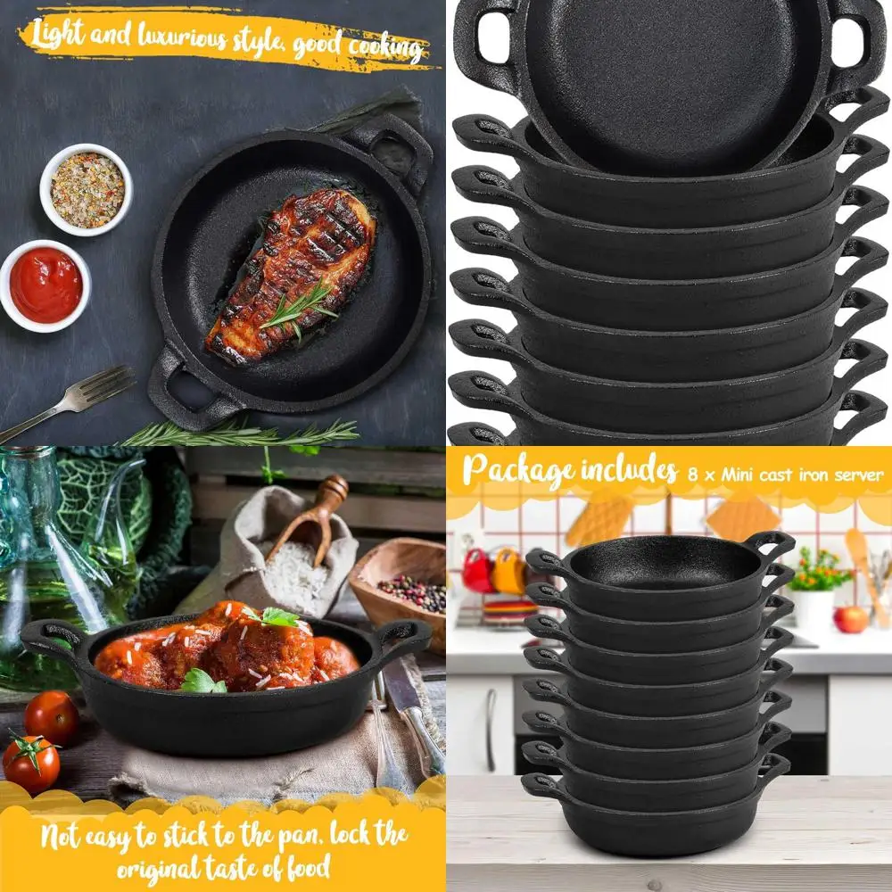 

Set of 8 Mini Cast Iron Skillets, 5 x 5 x 1.3, Black Casserole Dishes, Oven Safe, Ideal for Kitchen and Outdoor Cooking
