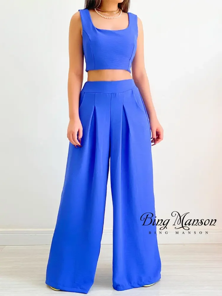 

Women's 2023 Spring New Solid Color Square Neck Short Tank Top High Waist Wide Leg Pants Fashion Casual Two Piece Set