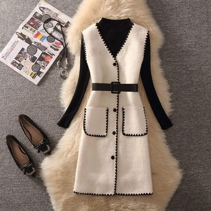 

Chic Autumn Winter Woolen Knitted Vest Coat Sleeveless Jacket Women Dress Single-breasted V-neck Waistcoat Slim Tops Vests White