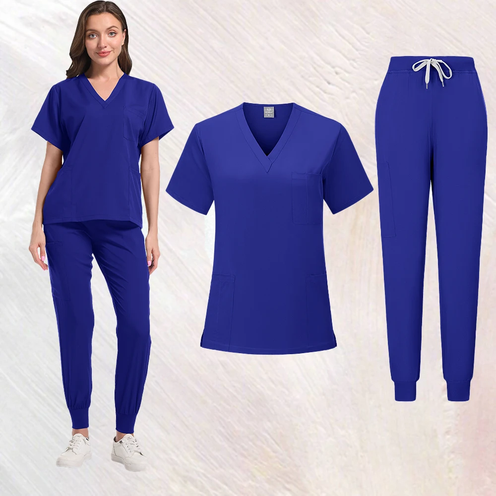 Stretch Scrub Set Medical Uniform Health Service Scrub Tops with Pocket Pants Beauty Salon Workwear Surgery Doctor Nurse Uniform