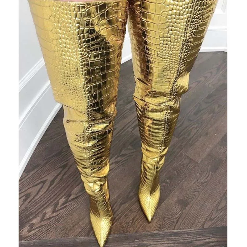 Factory Golden Alligator Thigh Boots Thin High Heels Fashion Women over the Knee Shiny Leather Stage Performance Long Boots