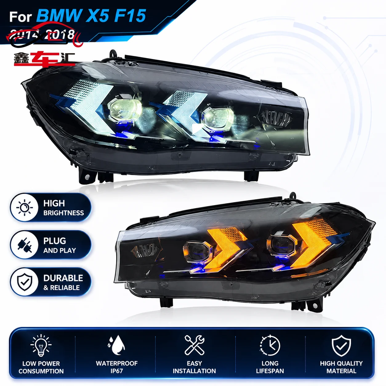 

Car LED Headlight Light Assemblies For BMW X5 X6 F15 F16 2014-2018 Auto Fog DRL Brake Turn Signal Lamp Plug and Play