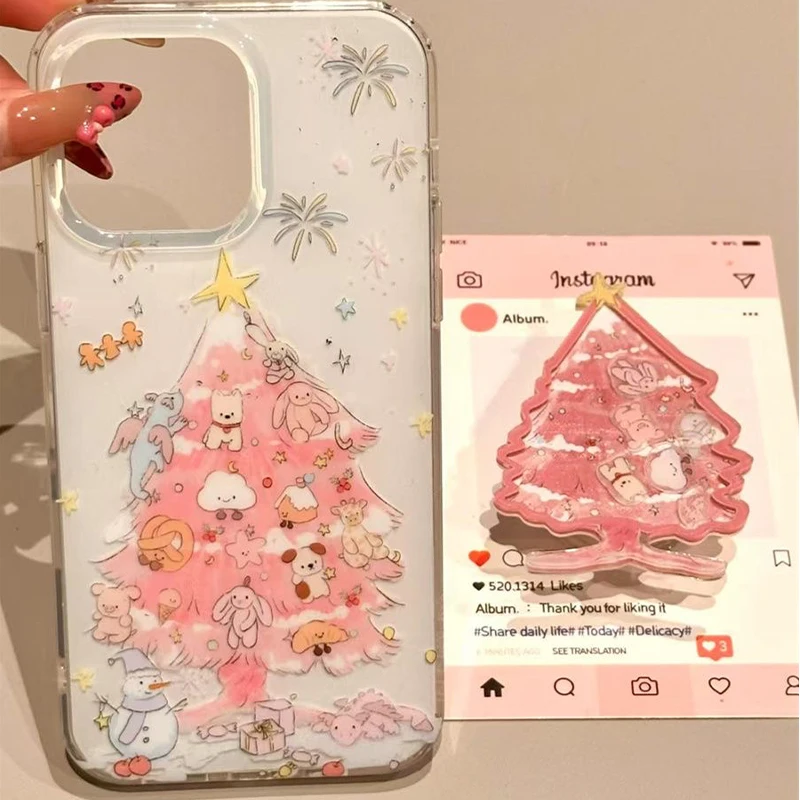 Cute Pink Christmas Tree Shaking Magnetic Holder Griptok Phone Stand Holder Support For iPhone Samsung Cartoon Magsafe Smart Tok