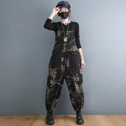 #1434 Floral Printed Jeans Jumpsuit Rompers Womens With Big Pockets Vintage Overalls For Women Loose Spring Autumn Jumpsuits