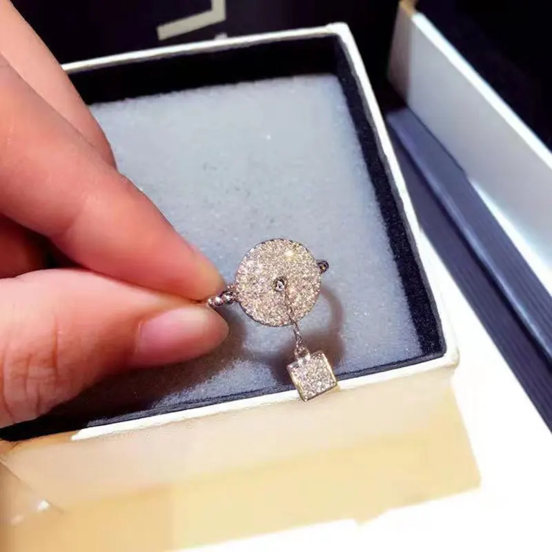 Exquisite Luxury Silver Color Rings for Women Unique Pendant Tassel Open Finger Ring with Bling Zircon Korea Fashion Jewelry