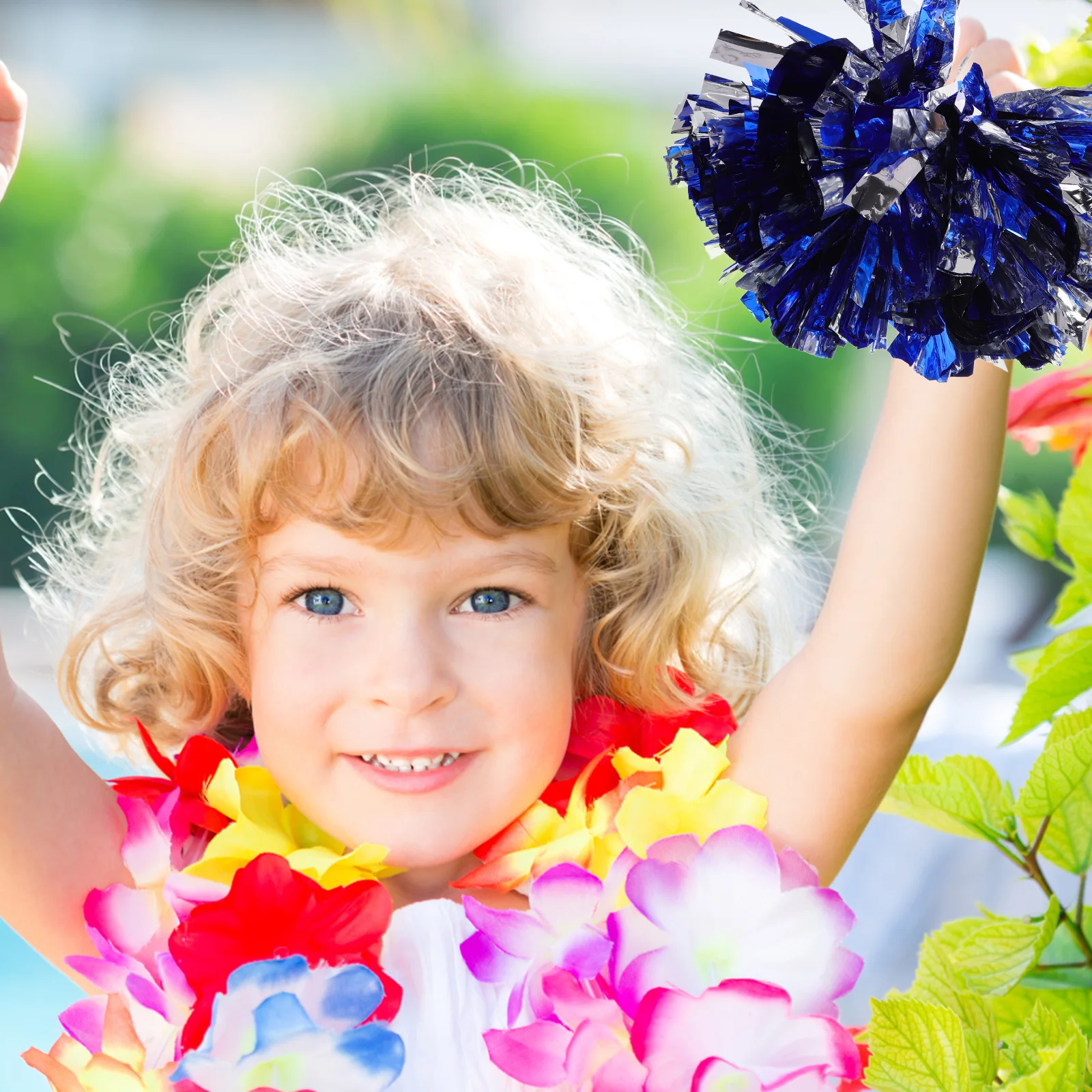 

Cheerleader Pom Poms Blue White Silver on Stick for Kids Bulk Cheerleading Sports Event H held Soft Vibrant Colors