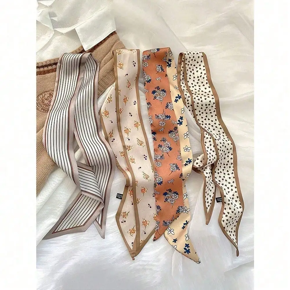 

4pcs Set Women's Silk-Like Hair Ribbons with Floral, Stripe & Heart Prints
