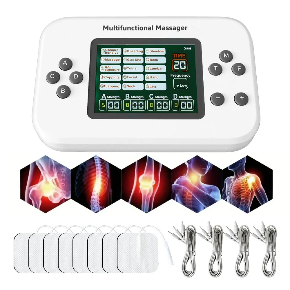 4-Channel TENS Unit EMS Muscle Stimulator 8 Electrode Pads Pulse Independent Channels LCD Display for Full Body Pain Relief