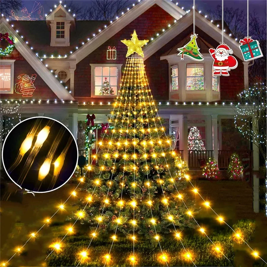 Waterproof 8 Modes Five-pointed Stars Waterfall Garden Lights USB 2M 9 Strips Outdoor Led Christmas Fairy String Lights Garland