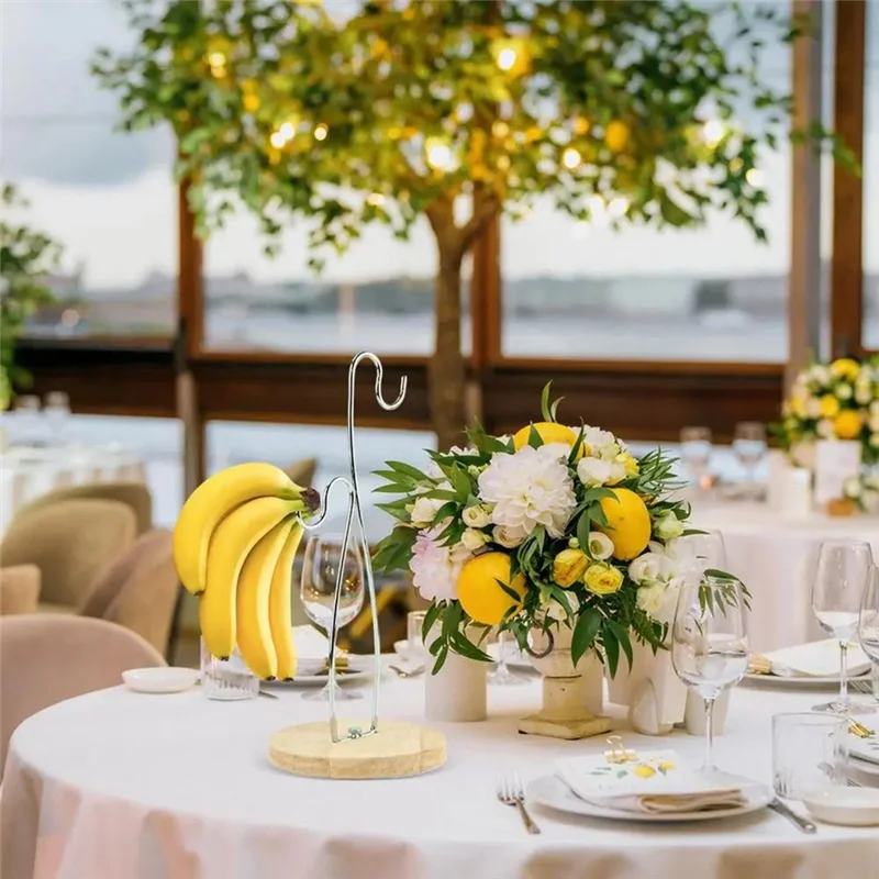 ABDJ-バナナスタンド バナナフック 積み重ね可能なオーガナイザー 木製ベースとステンレススチールフック付き パントリーダイニングキャビネット卓上用