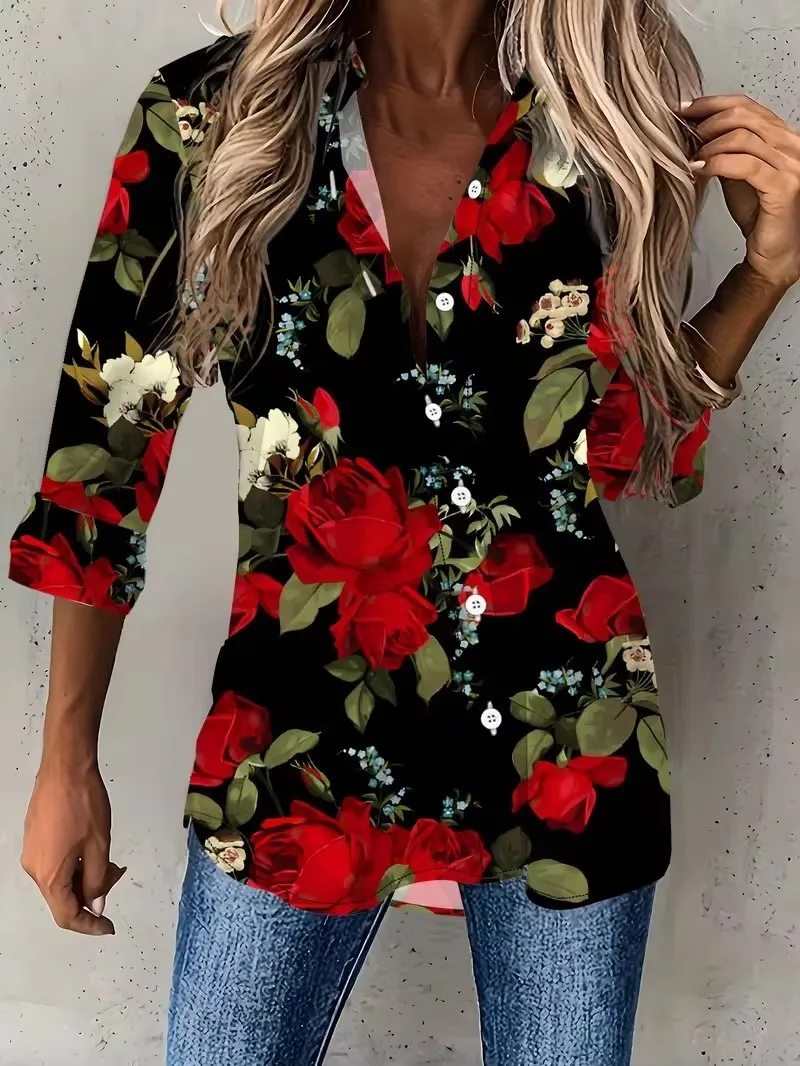 Elegant Vintage Women Blouse Elegant Single-Breasted Women Floral Print Shirt Autumn New Casual Ladies Shirts Tops Blusas Femme