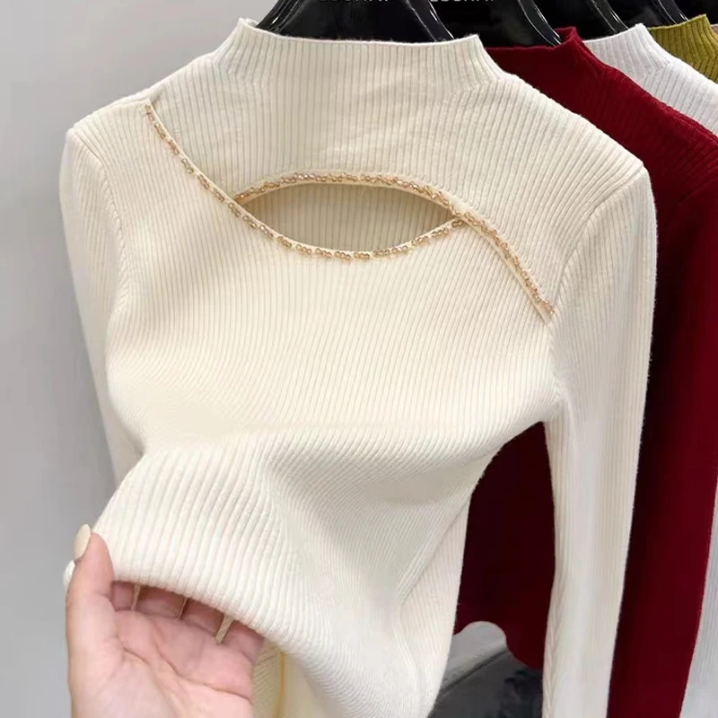 

Autumn Winter Bottomed Tops for Women Sweaters Fashion Half High Collar Hollow Out Pullovers 2024 New Slim Fit Clothes 28874