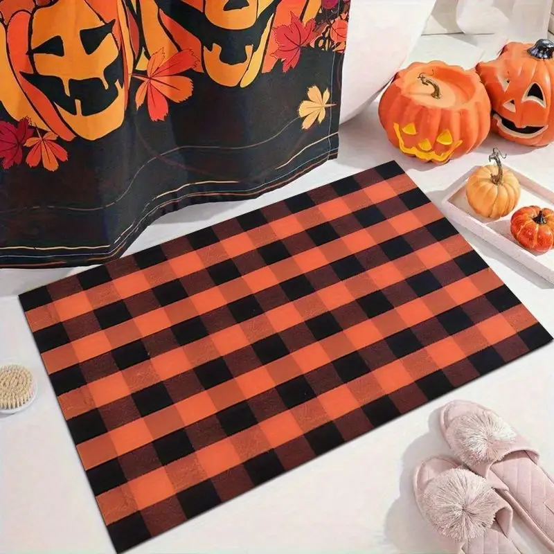 VIKAMA Halloween Welcome Doormat Buffalo Plaid Pumpkin Non‑Slip Indoor Outdoor Entrance Front Door Floor Mat Home Decor
