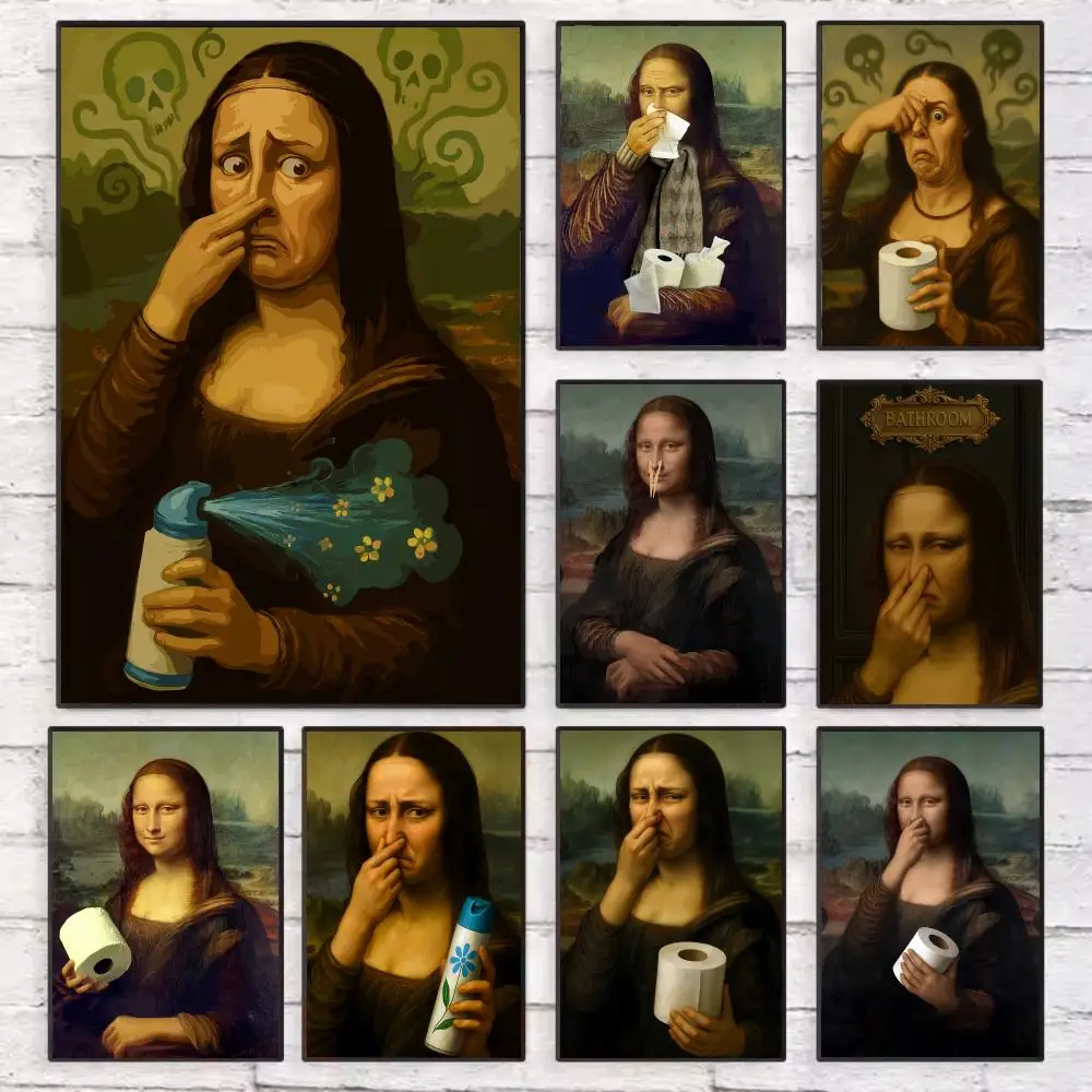 

M-Mona Lisa Holding Toilet Poster Wall Art Sticky for Living Room Bedroom Office Hallway Bar Home Decor Gift Idea