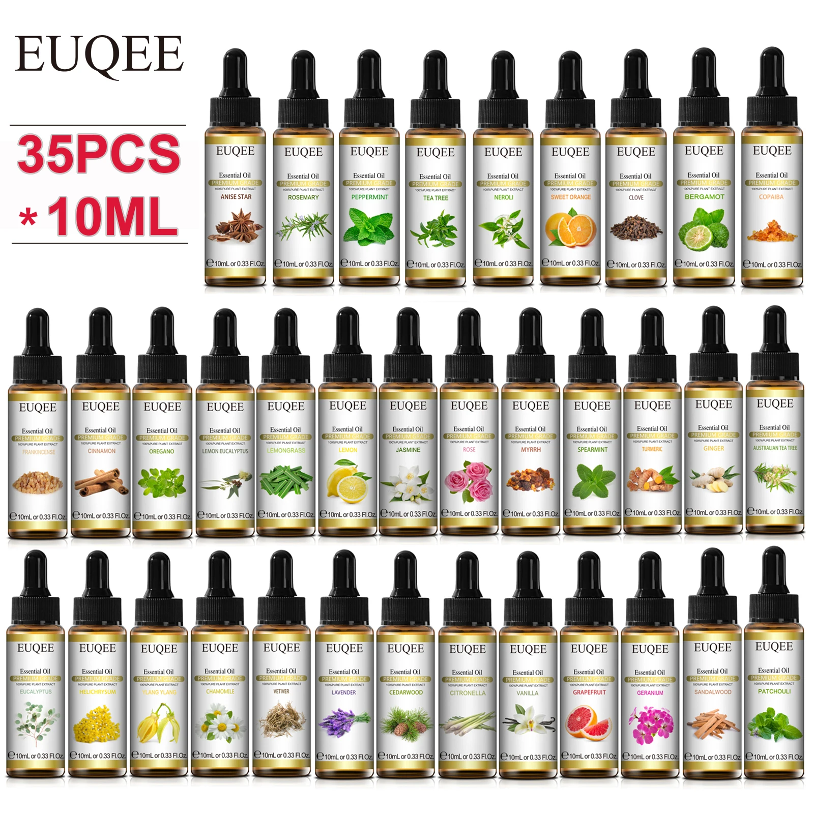 EUQEE 35 Bottles Essential Oils with Dropper Jasmine Lemon Neroli Tea Tree Lavender 10ml Aroma Oil For DIY Soap Candle Making