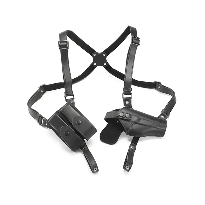 Leather Double Pouch Concealed Pistol Holster with Adjustable Side Strap