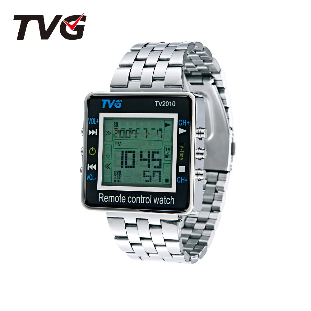 TVG Watch For Men Multi Functional Infrared TV Remote Control Led Backlit Square Electronic Watches Stopwatch Stainless Steel