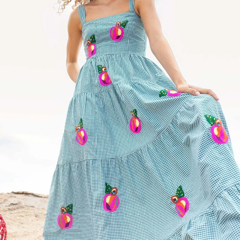 Plaid Slip Long Dress Woman Embroidery Ruffle Summer Dresses 2024 Sleeveless Beach Holiday Dress Women Casual Midi Dresses