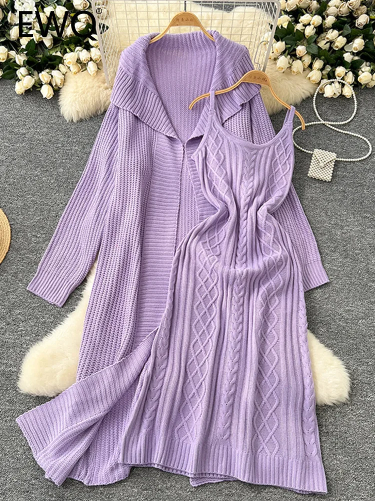 EWQ Knitted Solid 2 Piece Sets Women Simplicity Lapel Collar Loose Long Coat＋Strapless High Waist Dress 2025 Spring New 27X1302