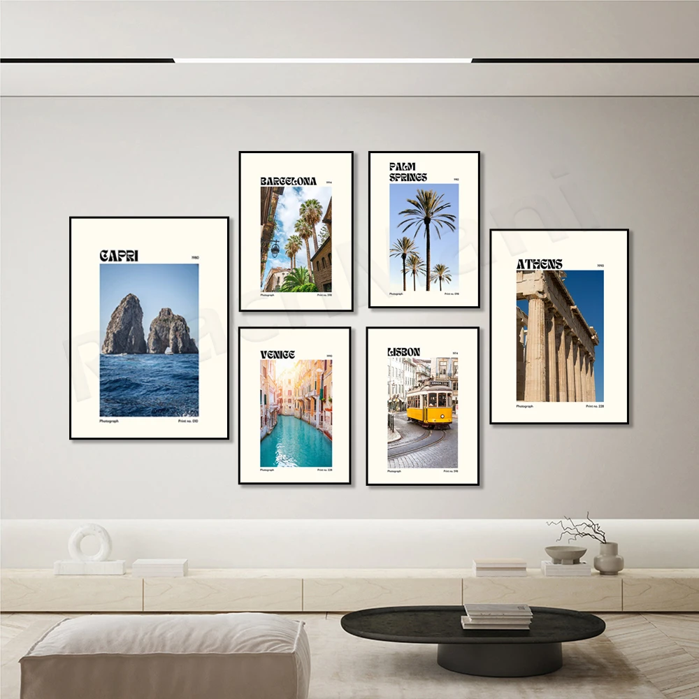 

Venice, Barcelona, Lisbon, Lisbon, Capri, Athens, Palm Springs Wall Art Travel Poster Canvas Painting Print Picture Room Decor