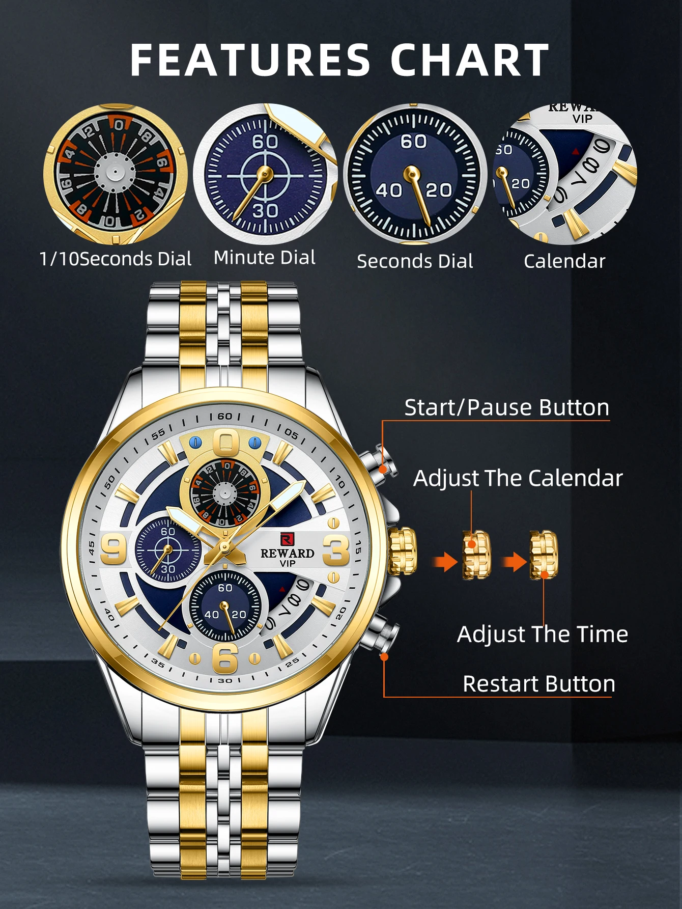 REWARD Design Quartz Wristwatch for Men Sport Waterproof Watches Stainless Steel Chronograph Luminous Wrist Watch