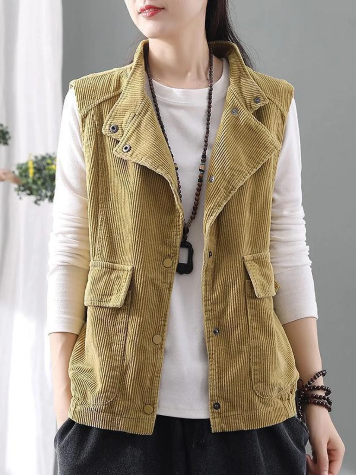 

Double Layer Corduroy Open Cardigan Vest Women's Outerwear Shoulder Bared Sweater Retro Style Turn-down Collar Short Length